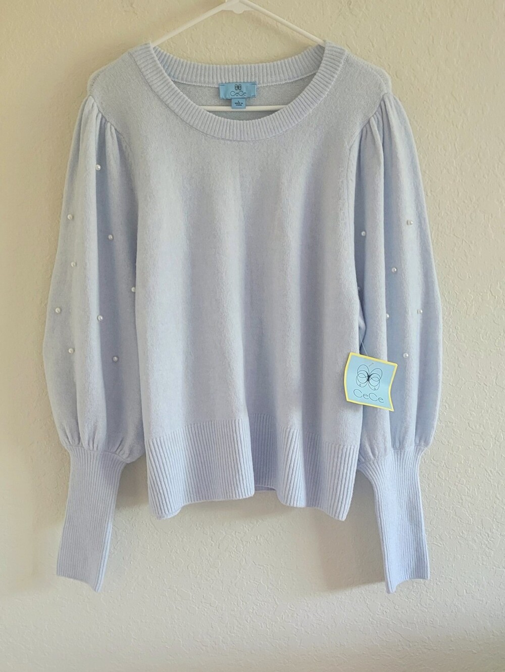 CeCe Pale Blue Puff Sleeve Sweater with Pearl Embellishments
